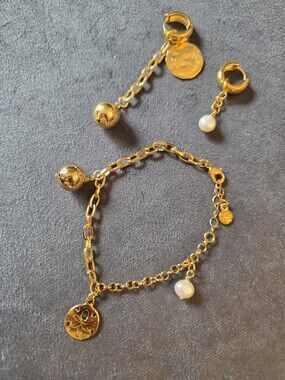 Mayamar 24k Dipped Bracelet And Earrings Set Paperclip Chains Pearls NEW